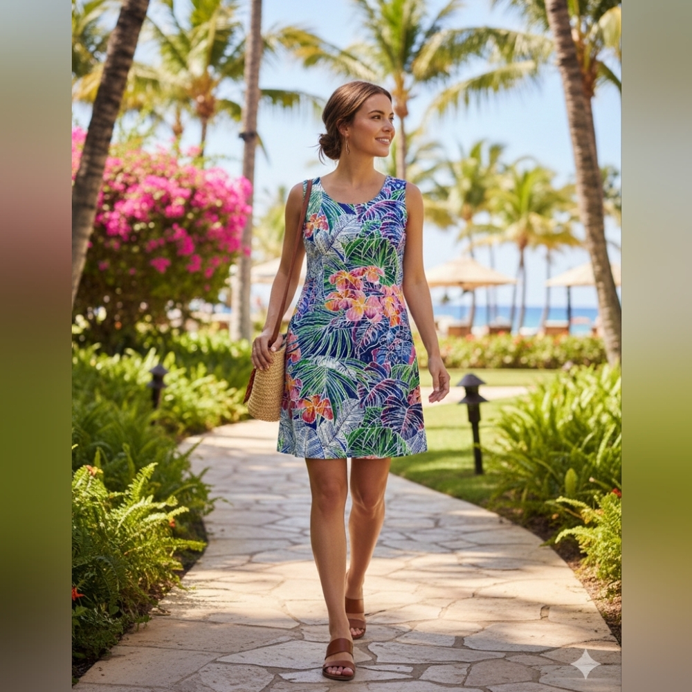 Jams World Women's Palmeria Print Tropical Mini Dress Vacation Resortwear Size S